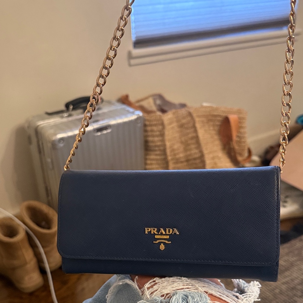 EUC Prada $990 Saffiano Leather Continental Waller blue with Chain & Card Holder - Picture 1 of 16